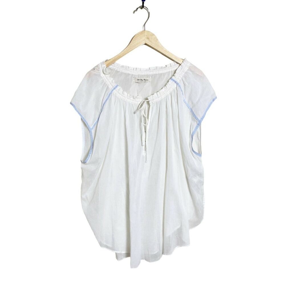 FREE PEOPLE Oversized Top Blouse White Gauze Sheer Tie Neck Blue Trim XS NWOT